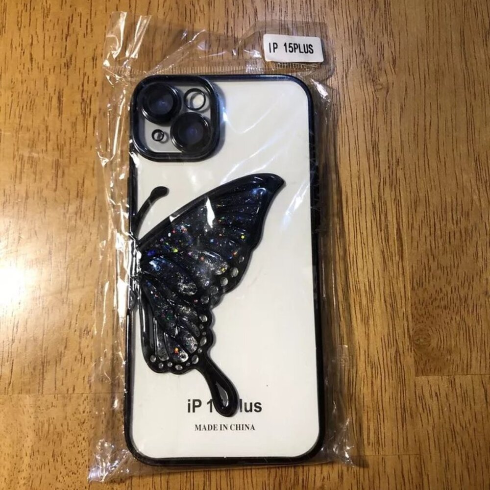 Plating Quicksand Butterfly Clear Phone Case For iPhone 15 Plus Soft New Black - Picture 9 of 10